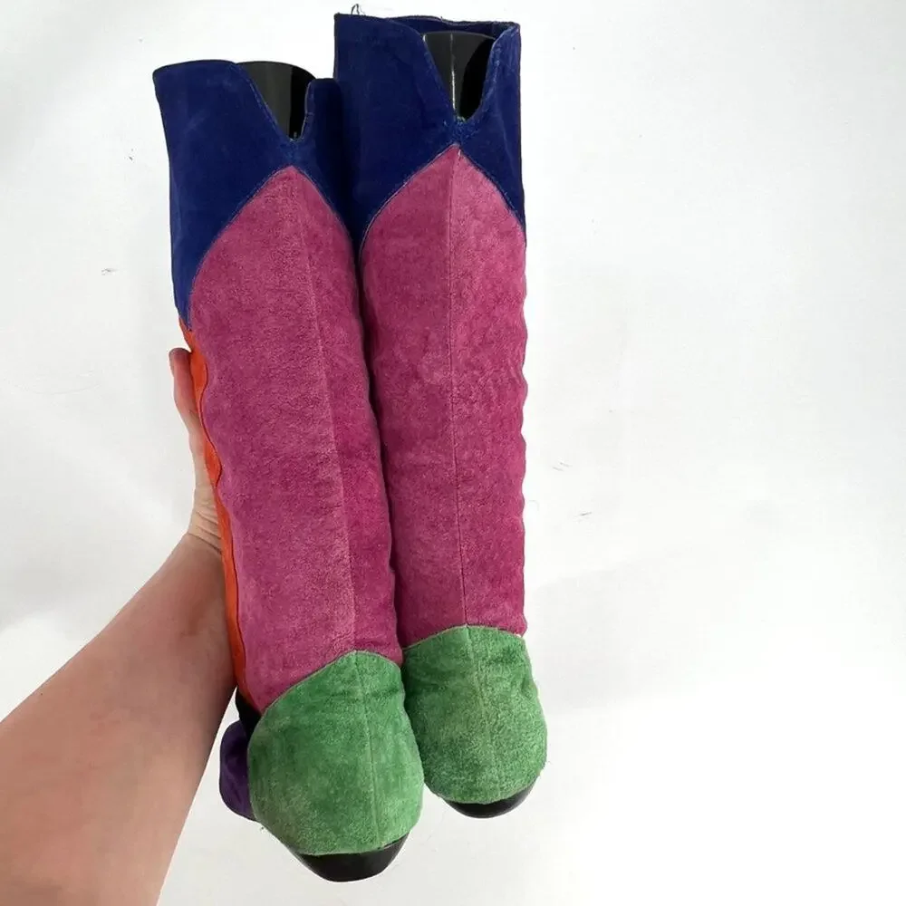 1980s Passports Over The Knee Suede Boots- Colorblock- Low Heel- Comfortable 7.5